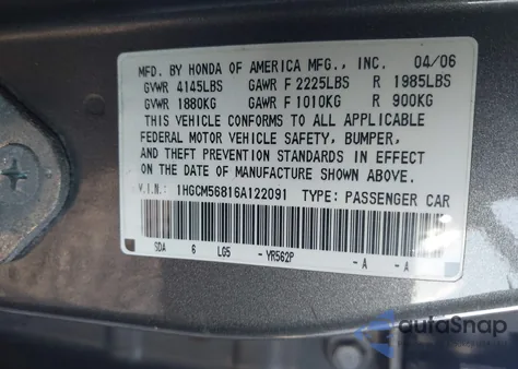 2006 Honda Accord 2.4 Ex from USA, damaged, VIN 1HGCM56816A122091